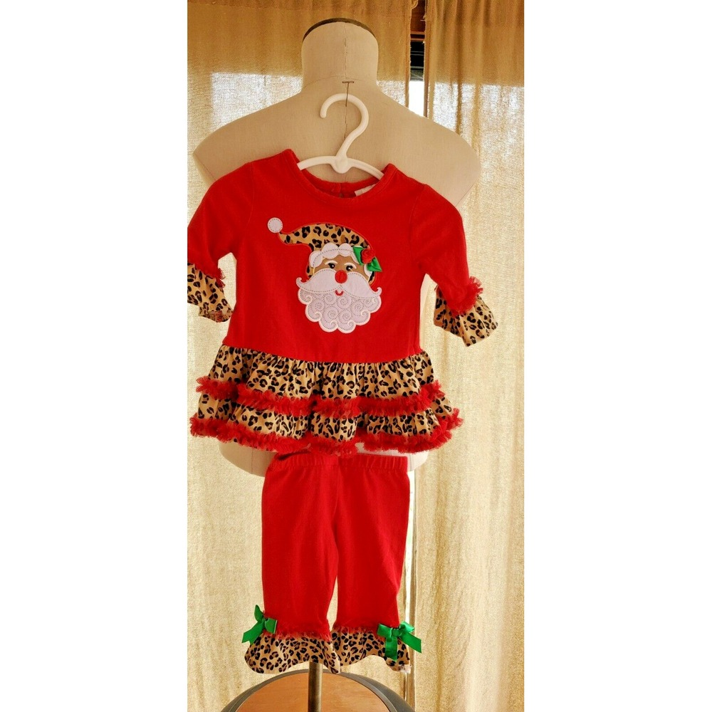 RARE EDITIONS Baby Girls Red Leopard Santa Tunic and Leggings Set - 6 mon